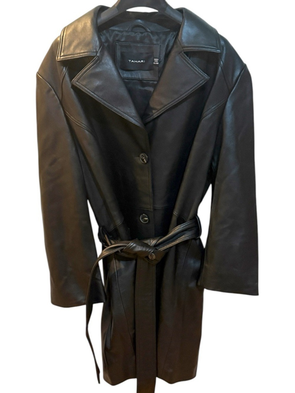 Tahari Black 100% Genuine Leather Trench Coat Belted XXL. Like New! - Picture 3 of 11